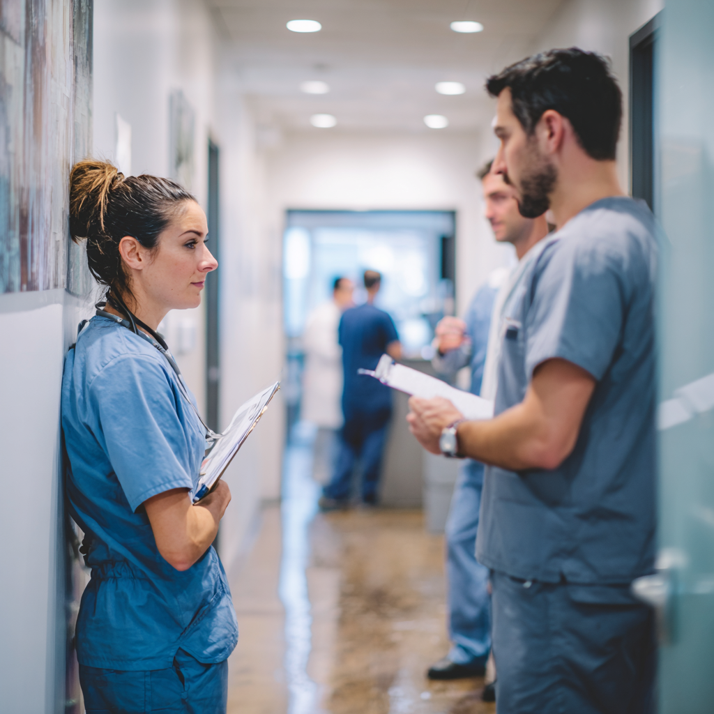 Clinical staff conferring in a corridor